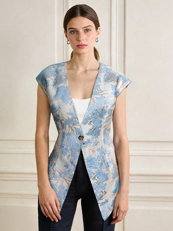 1 pieza Cárdigan con botones y estampado floral para mujer, adecuado para vacaciones, oficina, salidas casuales, citas, viajes, uso en primavera/verano, color azul