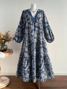 Đầm dáng rộng phong cách Bohemian cổ điển, phối ren hoa tương phản, cỡ lớn, kiểu dáng thường ngày, thích hợp cho kỳ nghỉ, du lịch mùa xuân. - Màu xanh lam - Xem 3