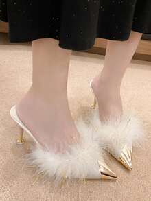 2026新款尖头金属羽毛装饰高跟鞋，性感优雅的女士派对鞋 - 米色 - 查看 2