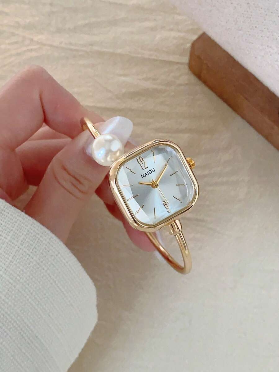 1 pieza Reloj de pulsera de moda casual con diseño ovalado, esfera verde, tonos plateado y dorado para mujer - Dorado - Ver 1