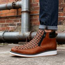 Botas vaqueras de estilo retro con cremallera lateral tejidas a mano en ratán, botas cortas casuales para hombres, botas planas versátiles, botas de cuero sencillas - Marrón - Ver 4