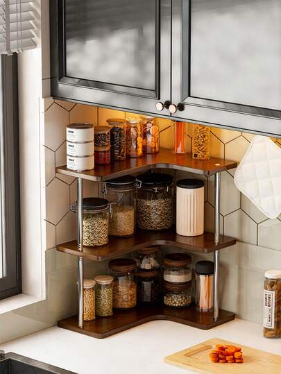 New Space-Saving Stainless Steel Curved Corner Shelf - Multi-Tier Countertop/Cabinet/Laundry Storage - Bamboo-Patterned Bamboo Beveled L-Shaped Bracket - Easy-To-Assemble Corner Unit, Coffee Station, Small Spaces - Sturdy Bamboo Shelves, Utility Rack, Gift, Furniture Tabletop