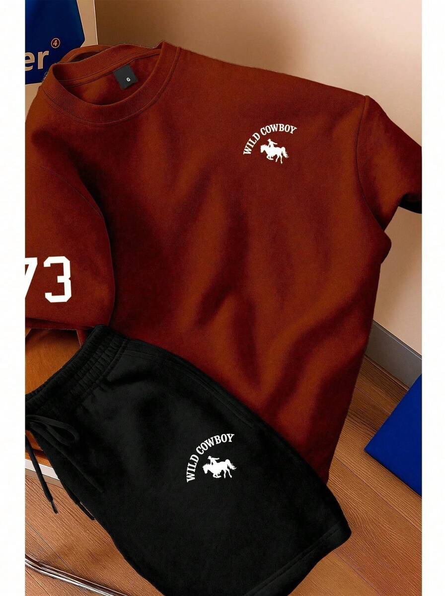 Men's T-Shirt And Shorts Set - New Summer Collection - Modern - Premium Cotton - 鏽棕色 - 查看 1