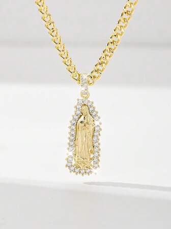 1件经典欧美风格铜镶锆石瓜达卢佩圣母玛利亚吊坠项链，限量版，适合作为圣诞节/感恩节/万圣节/母亲节/情人节礼物送给情侣/朋友/教父母，也适合天主教初领圣体、日常及节日佩戴祈祷。