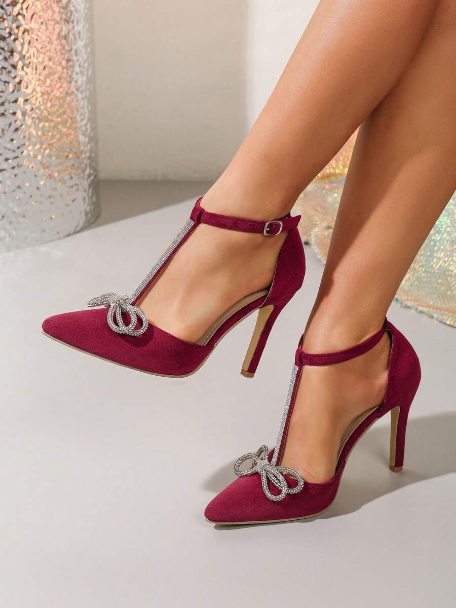 Women's T-Strap Rhinestone Bow High Heels, Burgundy Pointed Toe Hollow Out Stilettos, Fashion Party Wedding Date Night Club Pumps, Comfortable All Season - Burgundy - View 1