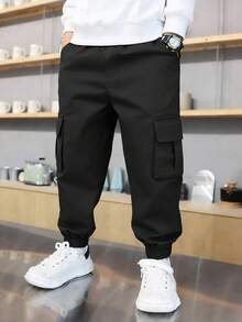 1 chiếc quần jogger cargo nhiều túi, đa năng, cá tính, phong cách đường phố Mỹ dành cho bé trai. - màu đen - Xem 4