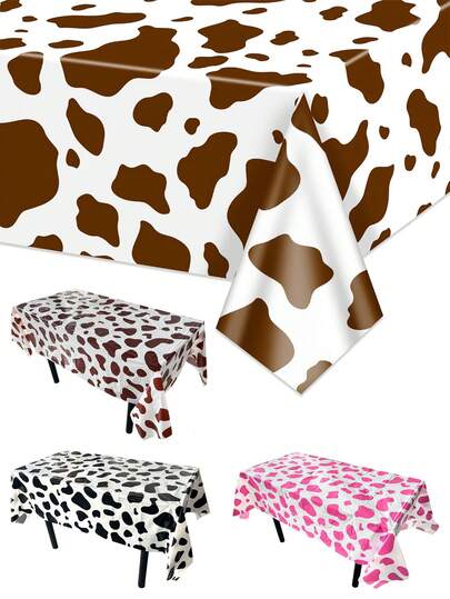 1件装黑色/棕色/粉色和白色奶牛图案塑料桌布，72英寸/108英寸 x 54英寸一次性长方形桌布，适用于派对、舞会、野餐、农场主题派对、迎婴派对、生日派对装饰、单身派对、80年代90年代风格派对用品、高地奶牛主题派对装饰