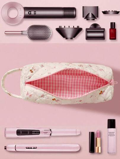 1pc Cute Bow/Eopard Print Quilted Hair Dryer Storage Bag, Multifunctional Storage Bag To Storage Hair Dryer, Zipper Design Hair Dryer Holder, Hair Tool Bag Travel Case, Travel Carrying Organizer Bag For Crimping Hair Tools(Curling Iron, Hair Dryer), Hair Clips, Hair Straightener, Ideal For Home & Travel & On Business Trip, Makeup Bags