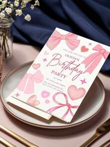 1 Personalized Bow Greeting Card (With Envelope) - Add Text, Photos Or Designs To Create Your Own Custom Card. Pink Bow Birthday Invitation: Cute Girl Party, Can Be Customized As A Folding Birthday Card, Thank You Card, Or Wedding Invitation.