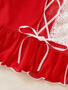 Women Red Nightgown,Sexy,Sheer,Mesh,Criss Cross,Bow,Lingerie,Slip Dress - Red - View 10