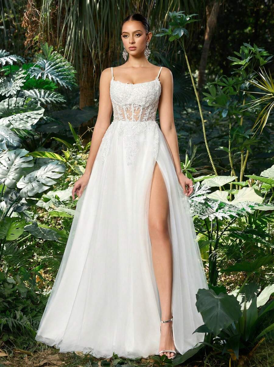 Elasola Elegant Embroidered Boned Dress, Beaded Sequin Bridal Wedding Evening Gown - White - View 1