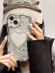 情人节Y2K奢华亮片波浪电镀闪亮镜面3D爱心狗狗硅胶手机壳，兼容 14/15/13/12 Pro Max/14/15 Plus/11，防震边框和防刮后盖 - 愛心鏡 - 查看 2