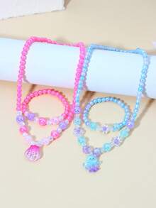 4件套女孩可爱章鱼贝壳吊坠珍珠串珠手链项链首饰套装，适合女孩日常佩戴和送礼。 - 彩色 - 查看 1