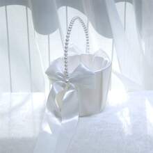1pc White Petal Basket, Satin Bow Flower Basket, Suitable For Wedding, Easter - Multicolor - View 2