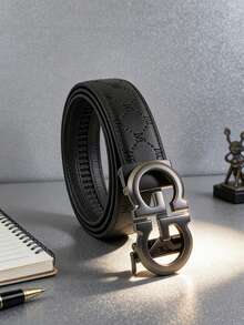 男士合金自动扣高级真皮皮带 - 奢华字母 M 压纹图案，适合搭配商务西装/牛仔裤，是理想的男士生日/圣诞礼物。 - 彩色 - 查看 1