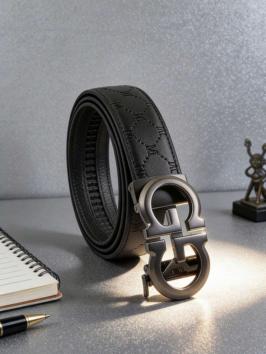 男士合金自动扣高级真皮皮带 - 奢华字母 M 压纹图案，适合搭配商务西装/牛仔裤，是理想的男士生日/圣诞礼物。 - 彩色 - 查看 1