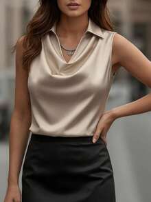 Nouveau top/débardeur ample et décontracté pour femmes en tissu satin brillant de couleur champagne unie, avec col drapé et sans manches, convient pour le printemps/été, le bureau, les sorties décontractées, les trajets quotidiens, exclusif pour les vacances, les soirées, les rendez-vous - Champagne - Voir 4