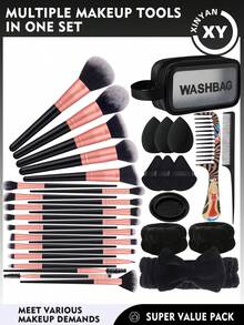 38PCS Makeup Tools Set Including:25PCS Makeup Brush Set+1pc Multi-Functional Zipper Toiletry And Cosmetic Bag Waterproof+3PCS Makeup Sponges+3PCS Triangle Powder Puffs+1pc Hairband+2PCS Hand Bowl Strap+1pc Makeup Brush Cleaning Tools+2PCS Hair Comb - Black - View 1
