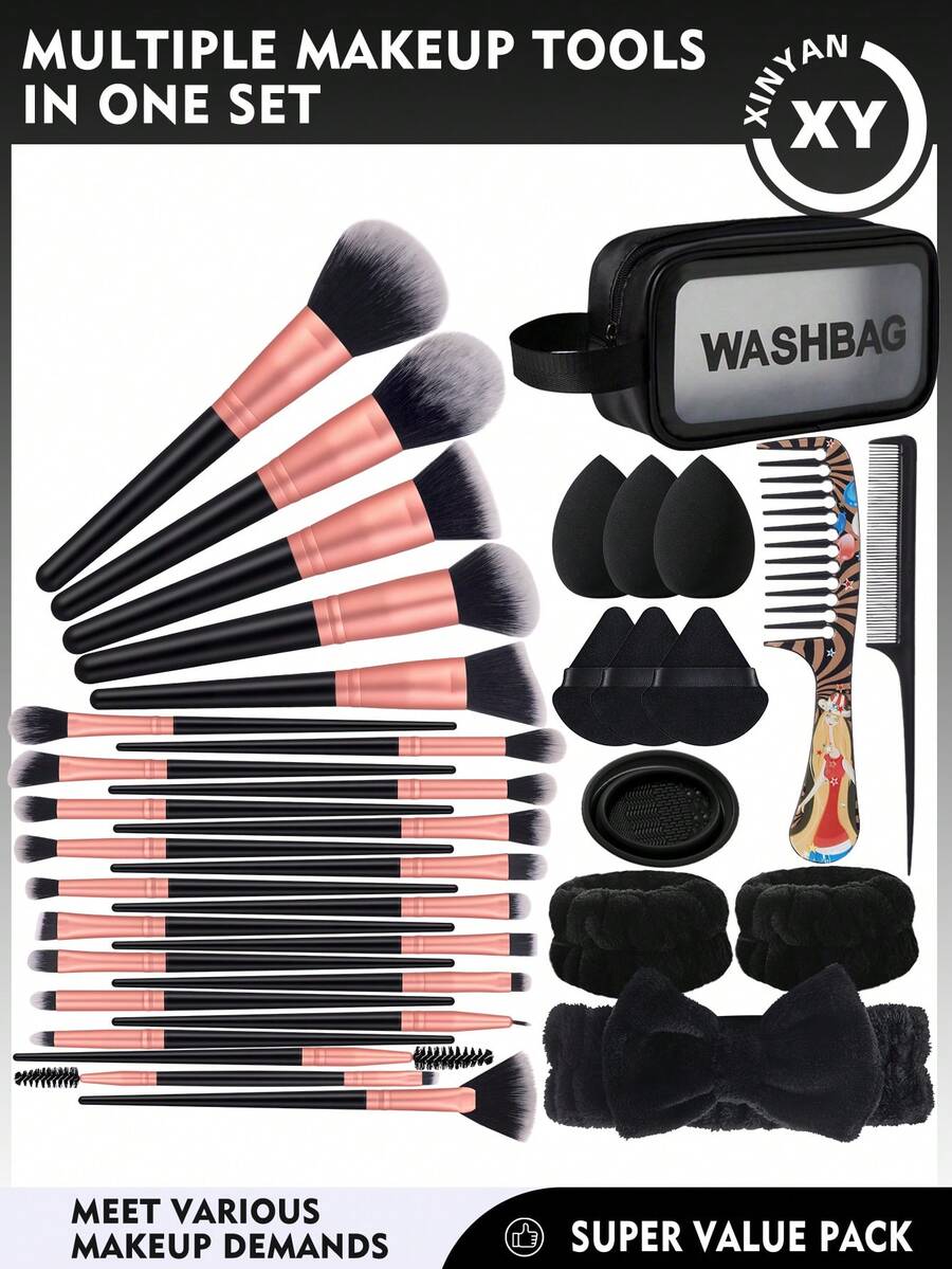 38PCS Makeup Tools Set Including:25PCS Makeup Brush Set+1pc Multi-Functional Zipper Toiletry And Cosmetic Bag Waterproof+3PCS Makeup Sponges+3PCS Triangle Powder Puffs+1pc Hairband+2PCS Hand Bowl Strap+1pc Makeup Brush Cleaning Tools+2PCS Hair Comb - Black - View 1