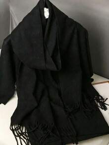 1 pieza Clásica bufanda de cachemir de unicolor con flecos y patrón de espiga, unisex, de moda casual, cortavientos y cálida, cómoda bufanda manta adecuada para uso diario, otoño/invierno - Negro - Ver 2