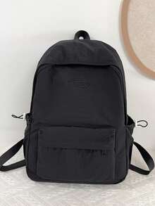 黑色简约百搭大容量女士单肩包，休闲简约风格背包，适合大学生，配有可爱吊坠 - 黑色 - 查看 3