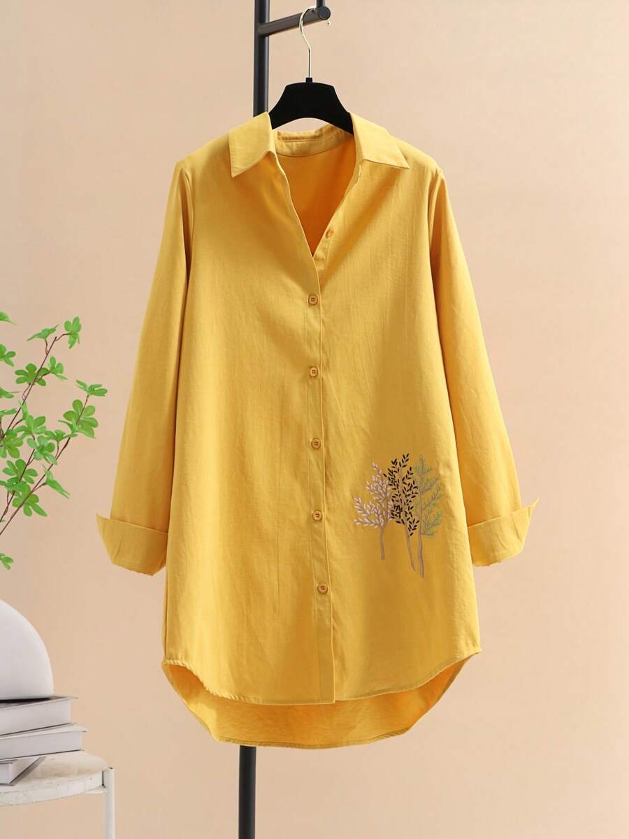 Women Casual Single Breasted Long Sleeve High Low Blouse Spring - Yellow - View 1