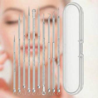 Juego de herramientas para eliminar el acné con microagujas y gancho curvo, artículos esenciales para el cuidado de la piel en viajes - Accesorios para bolígrafos, sudadera, rubor líquido de fresa, gorro para dormir, tocador, base de maquillaje, extractor de puntos negros, belleza, productos para el cuidado de la piel, spa, autocuidado, herramientas para el cuidado facial, suministros de belleza, piel, limpiador facial, cuidado facial