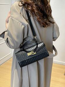 New Solid Color Woven Diagonal Zipper Crossbody Bag, Shoulder Bag, Baguette Bag, Evening Bag, Party Bag - Black - View 8