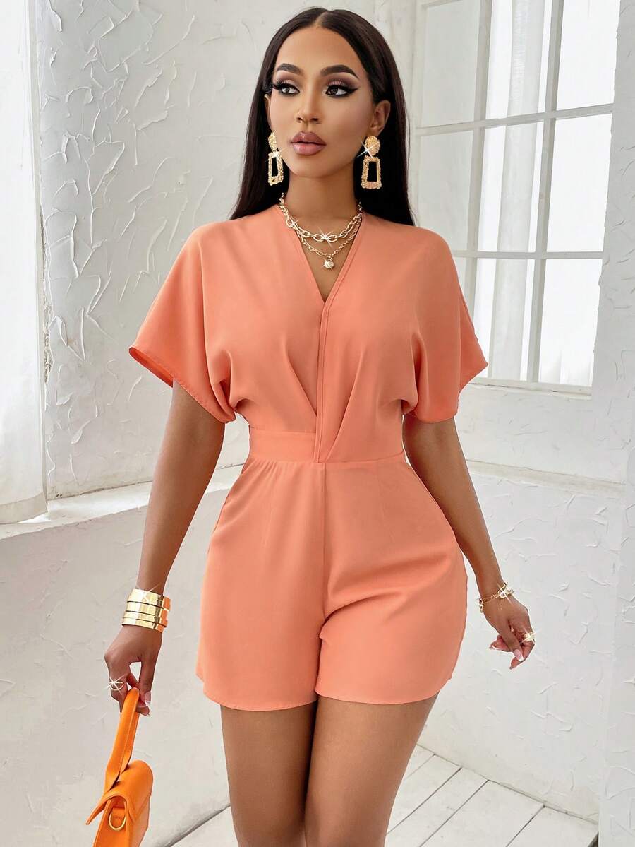 AIJ Amarilo 女士优雅红色交叉V领蝙蝠袖不对称腰身连体裤——完美打造办公室时尚、情人节约会和日常休闲造型 - 淺橘色 - 查看 1