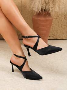 Women's Black Satin High Heel Shoes, Retro French Pointed Toe Strap Buckle Elegant Stiletto Heels, Versatile Chic Pumps - Black - View 2