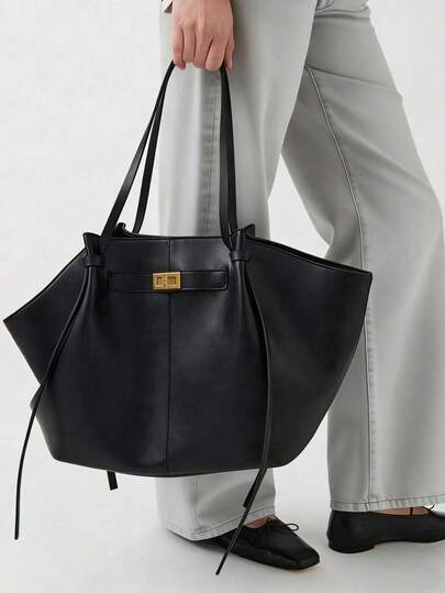 Modern stor kapacitet trapetsformad design lyxig PU-läder axelväska för kvinnor, designer elegant låsstängningshandväska, högkvalitativ armhålsväska