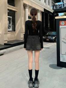 YEAE | Black Retro Fringe Denim A-Line Mini Skirt, Versatile - Dark Grey - View 3