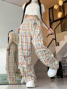 Women's Casual Pleated Wide Leg Loose Pants With Dopamine Plaid Star Pendant, Summer - Yellow - View 6