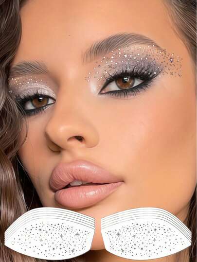 6张银色闪光眼部纹身贴纸 防水眼影贴纸 临时眼线纹身贴纸 适用于音乐节、舞会、情人节配饰、派对礼品