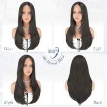 DHaloo Brown Wig With Curtain Bangs - Lace Front Hairline Middle Part Long Layered Natural Looking Straight Synthetic Hair Wigs For Women Daily Party 24 Inch Dark Brown - Nâu đậm - Xem 2