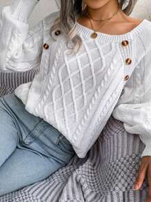 Spring Knitted Button Detail Shoulder Sweater, Knitted Button Detail Shoulder Sweater, Long Sleeve Top Knitted Pullover, Spring Pullover, Autumn/Winter Set - 白色 - 查看 3