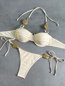 Bikinx Bộ bikini nữ gợi cảm màu trơn, hở lưng, buộc dây phía trước, xếp ly, có gọng, thích hợp cho bãi biển và kỳ nghỉ hè. - Màu be - Xem 2