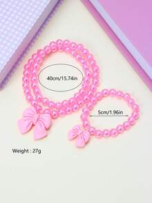 2pcs/Set Girls Cute Bow Heart Pendant Pearl Beaded Bracelet Necklace Jewelry Set, Suitable For Holiday Party, School, Birthday Gift