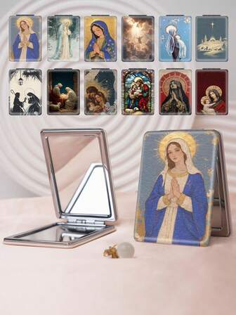 1 pieza Espejo de vanidad plegable con tema religioso vintage, espejo de mano compacto y portátil con cuero de PU, con elegante obra de arte de la Virgen María y ángel, diseño de giro de 180°, adecuado para todas las ocasiones