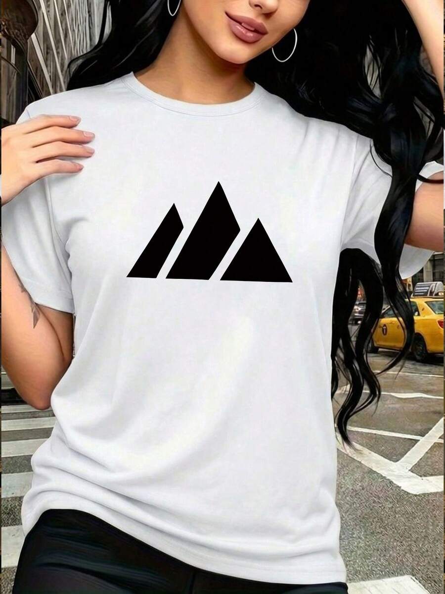 Plus-Size Printed Triangular Geometric Pattern T-Shirt, Casual And Comfortable For Everyday Wear - White - View 1