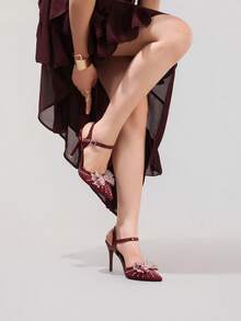 时尚水钻蝴蝶结高跟鞋，性感尖头晚宴派对鞋，精致宴会舞会细高跟鞋，酒红色 - 酒紅色 - 查看 7