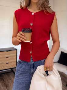 Women's New Front Button Closure Casual/Holiday Sleeveless Knit Top - Red - View 5