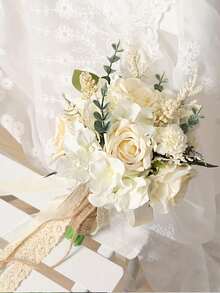 1支白色香槟色人造玫瑰新娘伴娘花束，饰以蕾丝和麻绳，适用于婚礼、派对和教堂等场合。这款优雅浪漫的人造玫瑰是派对装饰、摄影道具的理想之选，也是婚礼、家居装饰、房间装饰、派对回礼、生日、毕业典礼、单身派对等场合的绝佳礼物。 - 彩色 - 查看 10