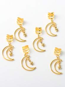 6pcs Fashion Gold Star & Moon Pendant Hair Rings, Women's Personalized Punk Hip-Hop Hair Clips, Eid Gift Hair Accessories, Claw Clips, Hair Barrettes - Gold - View 6