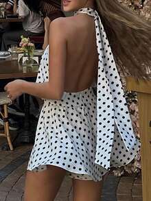 Đầm mini chấm bi buộc dây cổ yếm hở lưng gợi cảm thanh lịch dành cho nữ, chất liệu vải dệt, thích hợp mặc đi nghỉ mát và hàng ngày, màu trắng mùa hè. - trắng - Xem 2
