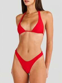 Women's Two Piece Bikini Swimsuit Triangle Top Bathing Suits Back Tie String Cheeky Bikini Sets - Rojo - Ver 1