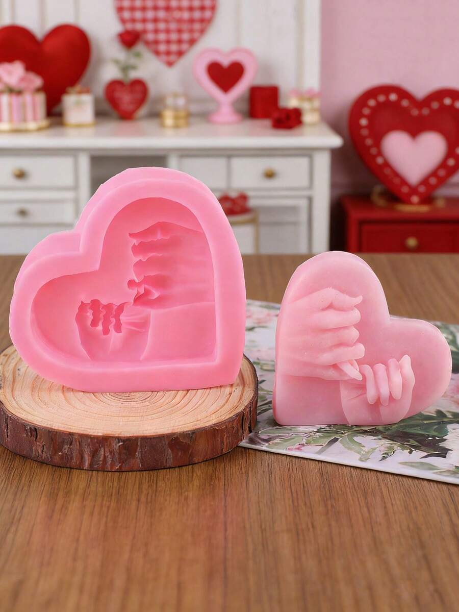 1pc Valentine's Day Hook Heart Shaped Silicone Candle Mold, DIY Home Fragrance Stone Plaster Heart Candle Mold For Handmade Candle Making - Pink - View 1