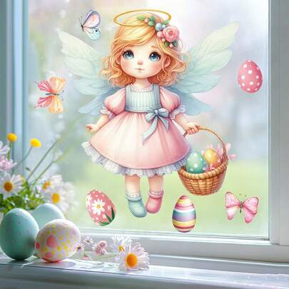 ملصق نافذة عيد الفصح قطعة واحدة، ملاك جميل يحمل سلة بيض عيد الفصح والبيض الملون، ملصق ديكور منزلي جذاب قابل للإزالة