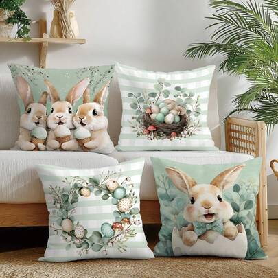 Juego de 4 fundas de almohada con diseño de conejo verde de Pascua de primavera sosteniendo helado y huevos, hojas de eucalipto, impresión unilateral en material de terciopelo de melocotón y poliéster, tamaños 45*45/50*50/40*40CM, adecuado para decoración de habitación, sala de estar minimalista moderna, regalo, decoración de fiesta