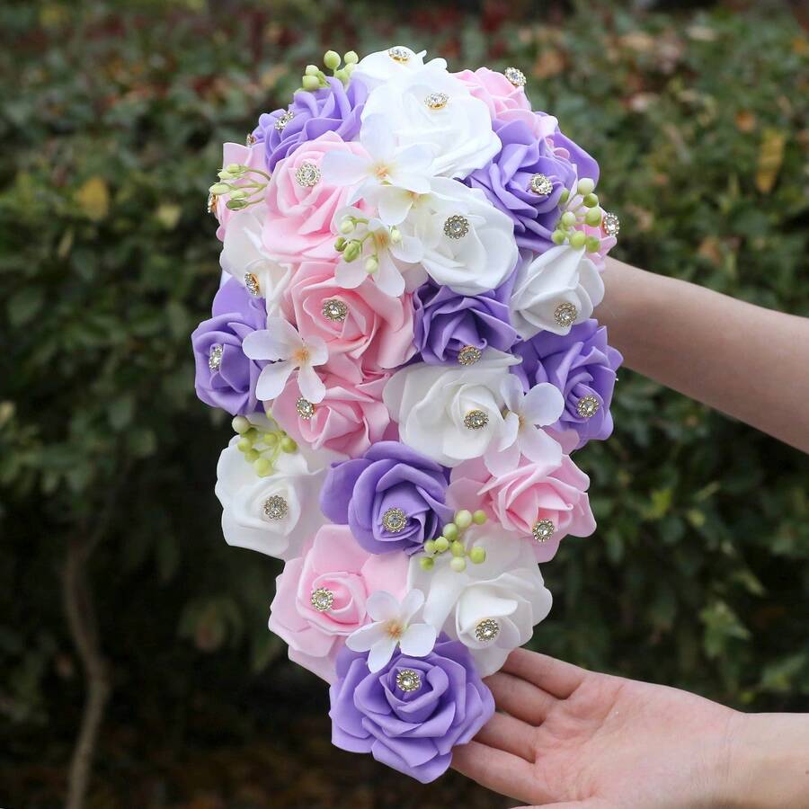 1件优雅浅紫色和粉色玫瑰金水晶瀑布新娘捧花，森系花果装饰，人造PE长泡沫玫瑰花束，永不凋谢，适用于新娘、伴娘、婚礼、情人节 PB1222B - 手捧花 - 查看 1